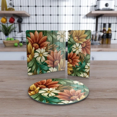 Decovetro Cam Sunum Servis Tabağı 3lü Karma Set Vintage Yeşil Çiçek Desenli