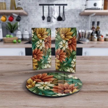 Decovetro Cam Sunum Servis Tabağı 3lü Yuvarlak Set Vintage Yeşil Çiçek Desenli