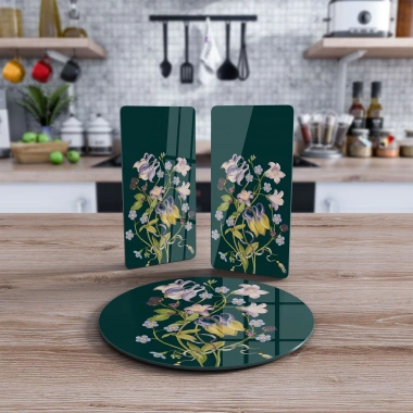 Decovetro Cam Sunum Servis Tabağı 3lü Yuvarlak Set Yeşil Kır Çiçeği Desenli