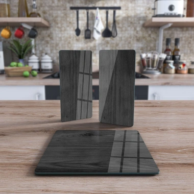 Decovetro Cam Sunum Servis Tabağı 3lü Kare Set Siyah Ahşap Deseni