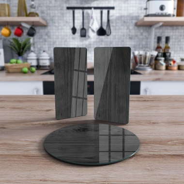 Decovetro Cam Sunum Servis Tabağı 3lü Yuvarlak Set Siyah Ahşap Desenli