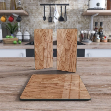 Decovetro Cam Sunum Servis Tabağı 3lü Kare Set Dalgalı Ahşap Deseni