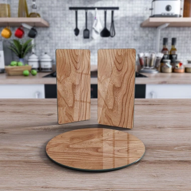 Decovetro Cam Sunum Servis Tabağı 3lü Yuvarlak Set Dalgalı Ahşap Desenli