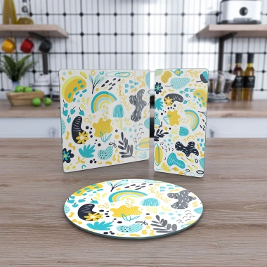 Decovetro Cam Sunum Servis Tabağı 3lü Karma Set Karışık Bahar Desenli