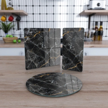 Decovetro Cam Sunum Servis Tabağı 3lü Karma Set Siyah Mermer Desenli