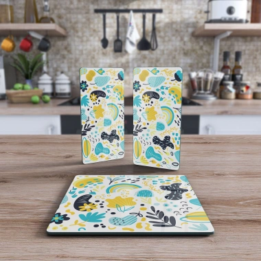 Decovetro Cam Sunum Servis Tabağı 3lü Kare Set Karışık Bahar Desenli