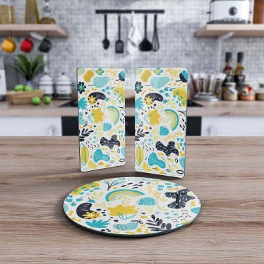 Decovetro Cam Sunum Servis Tabağı 3lü Yuvarlak Set Karışık Bahar Desenli