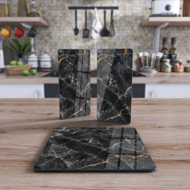 Decovetro Cam Sunum Servis Tabağı 3lü Kare Set Siyah Mermer Deseni