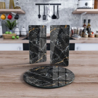Decovetro Cam Sunum Servis Tabağı 3lü Yuvarlak Set Siyah Mermer Desenli