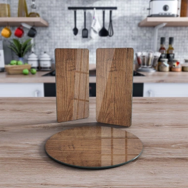 Decovetro Cam Sunum Servis Tabağı 3lü Yuvarlak Set Eski Ahşap Desenli