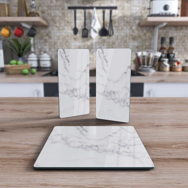 Decovetro Cam Sunum Servis Tabağı 3lü Kare Set Beyaz Mermer Deseni