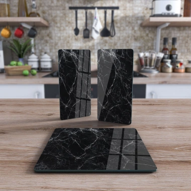 Decovetro Cam Sunum Servis Tabağı 3lü Kare Set Siyah Beyaz Mermer Deseni