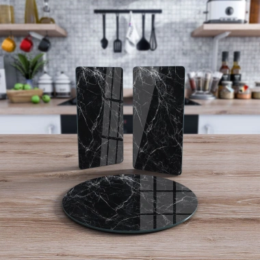 Decovetro Cam Sunum Servis Tabağı 3lü Yuvarlak Set Siyah Beyaz Mermer Deseni