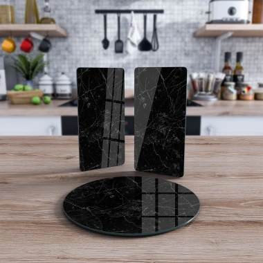 Decovetro Cam Sunum Servis Tabağı 3lü Yuvarlak Set Siyah Granit Deseni