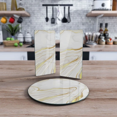 Decovetro Cam Sunum Servis Tabağı 3lü Yuvarlak Set Dalga Mermer Deseni