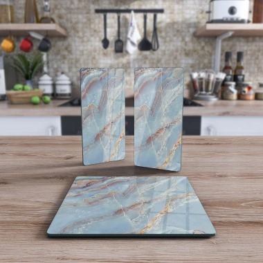 Decovetro Cam Sunum Servis Tabağı 3lü Kare Set Mavi Mermer Deseni