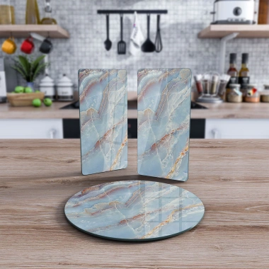 Decovetro Cam Sunum Servis Tabağı 3lü Yuvarlak Set Mavi Mermer Desenli