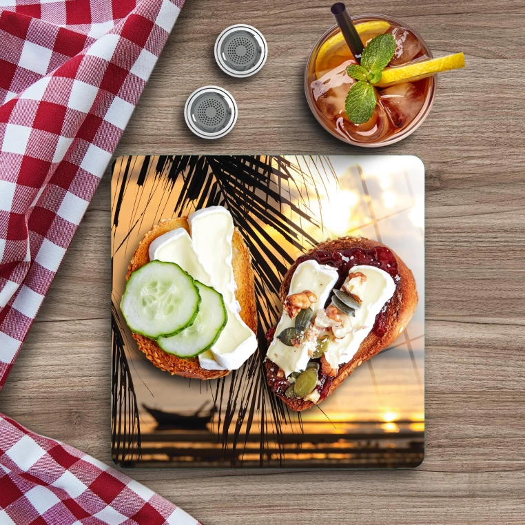 Decovetro Cam Sunum Servis Tabağı Kare Sunset Sahil Desenli