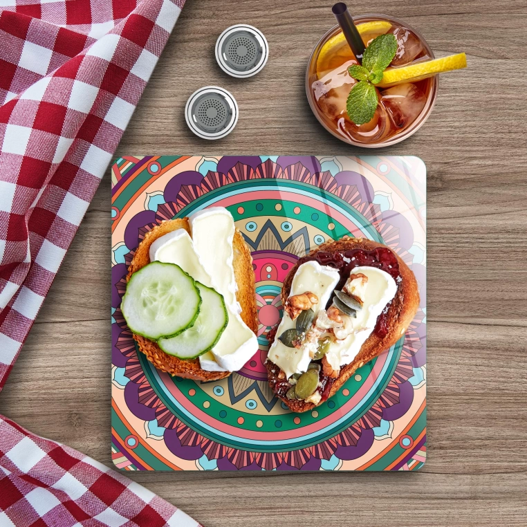 Decovetro Cam Sunum Servis Tabağı Kare Mandala 5 Desenli