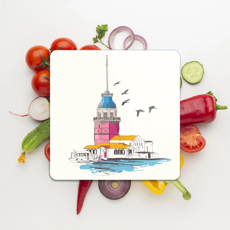 Decovetro Cam Sunum Servis Tabağı Kare Kız Kulesi Desenli 30 x 30 Cm
