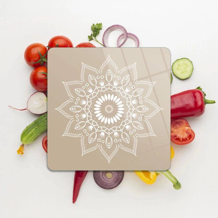 Decovetro Cam Sunum Servis Tabağı Kare Mandala 4 Desenli