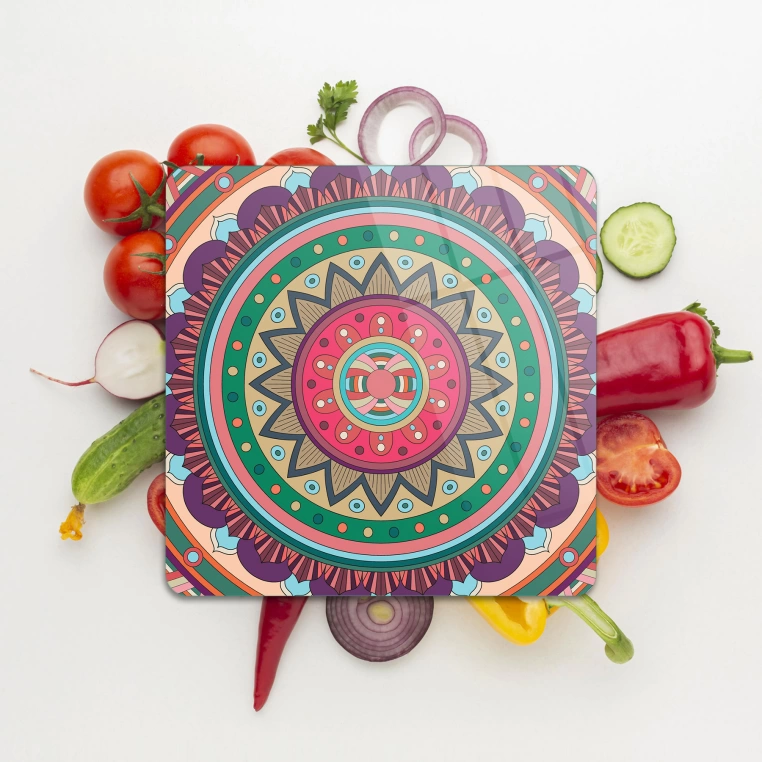 Decovetro Cam Sunum Servis Tabağı Kare Mandala 5 Desenli