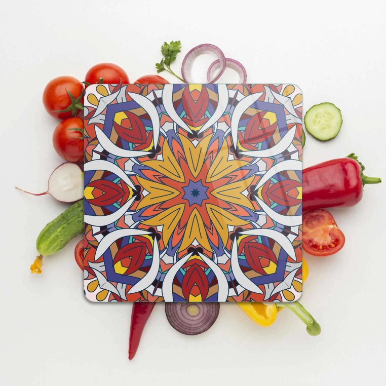 Decovetro Cam Sunum Servis Tabağı Kare 1286 Mandala Desenli