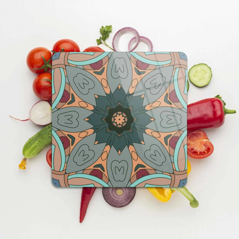 Decovetro Cam Sunum Servis Tabağı Kare 1287 Mandala Desenli