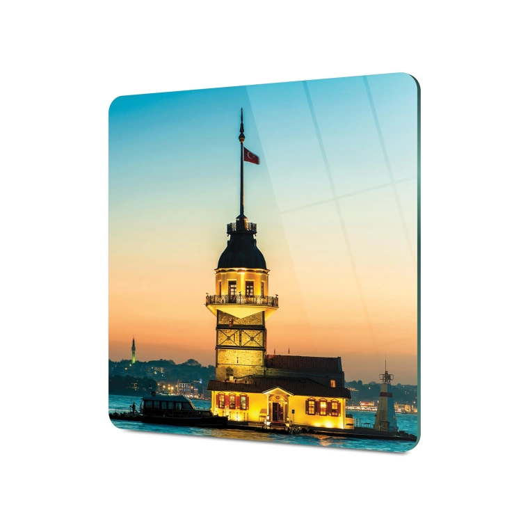 Decovetro Cam Sunum Servis Tabağı Kare Kız Kulesi Desenli 30 x 30 Cm
