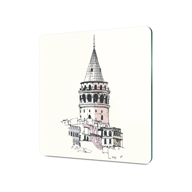 Decovetro Cam Sunum Servis Tabağı Kare Galata Kulesi Desenli 30 x 30 Cm