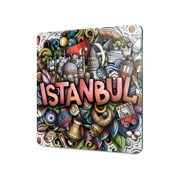 Decovetro Cam Sunum Servis Tabağı Kare İstanbul Desenli