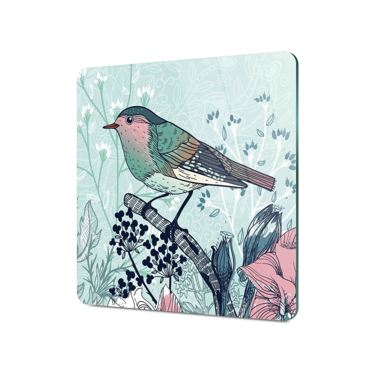 Decovetro Cam Sunum Servis Tabağı Kare Kuş Çiçek Desenli
