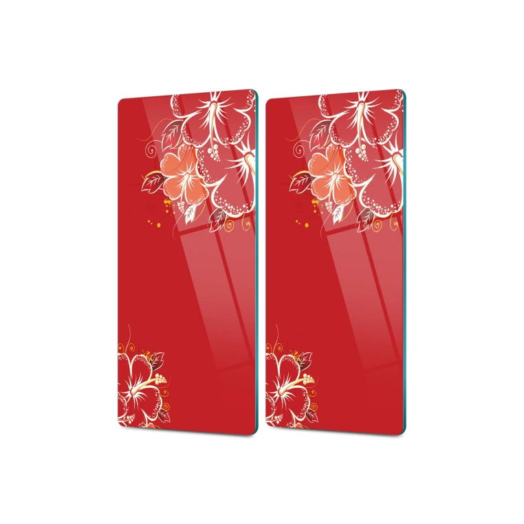 Decovetro Cam Kahve Sofra Sunum Tablası 2li Set Kırmızı Çiçek Desenli