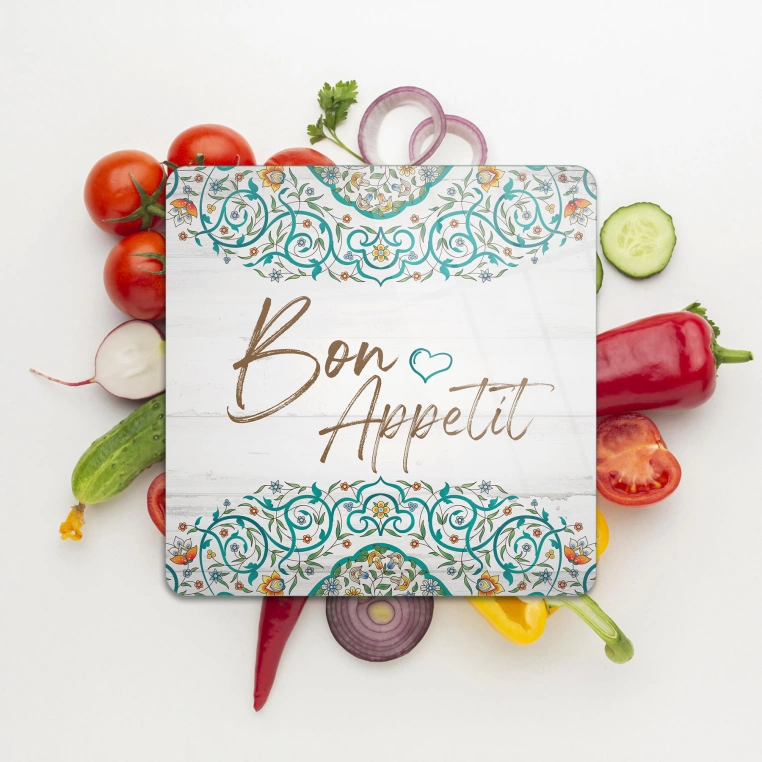 Decovetro Cam Sunum Servis Tabağı Kare Bon Appetit Desenli
