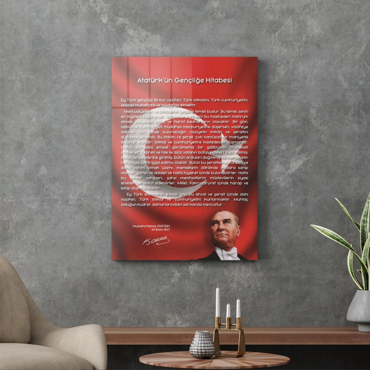 Decovetro Bayraklı Gençliğe Hitabe Cam Tablo 30x40 cm