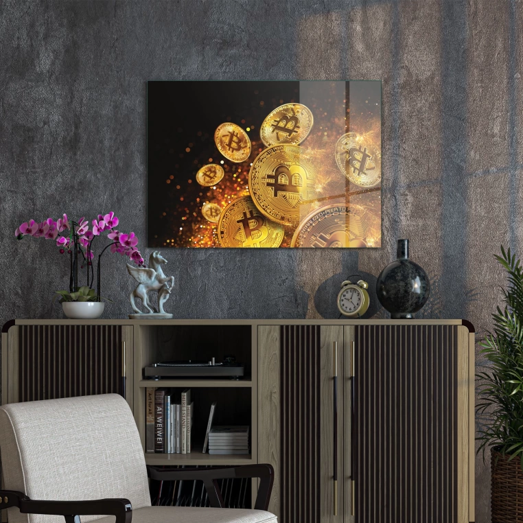 Decovetro Cam Tablo Bitcoin Gold Desenli 50x70 cm
