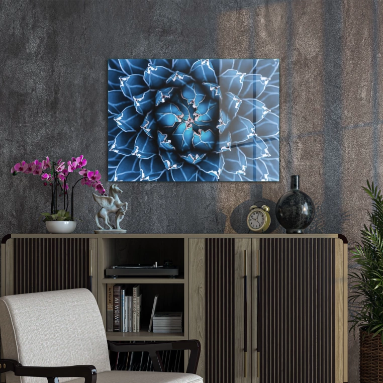 Decovetro Cam Tablo Mavi Çiçek Deseni 50x70 cm