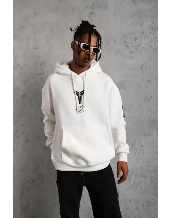 BErkek 3 İplik Pamuklu Kapüşonlu Baskılı Cepli Oversize Sweatshirt Hoodie - eyaz