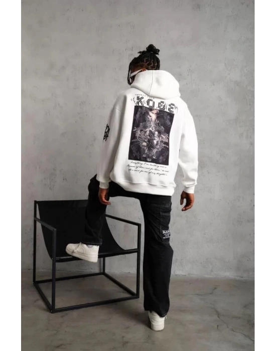 BErkek 3 İplik Pamuklu Kapüşonlu Baskılı Cepli Oversize Sweatshirt Hoodie - eyaz