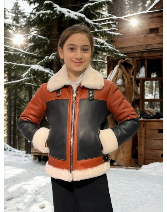 Çocuk Premium Doğal Yakalı Parçalı Kürk - Kiremit