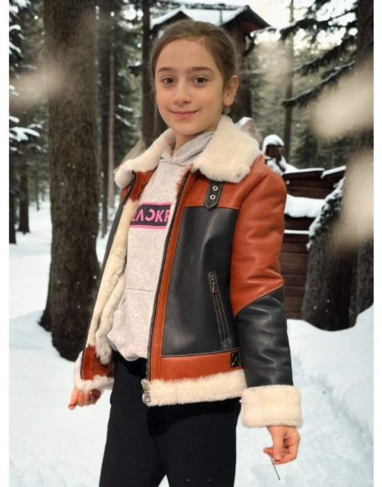 Çocuk Premium Doğal Yakalı Parçalı Kürk - Kiremit