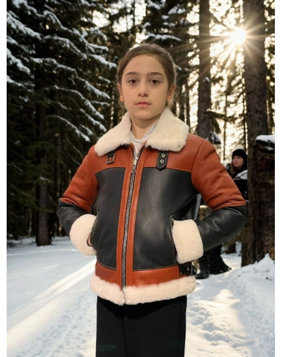 Çocuk Premium Doğal Yakalı Parçalı Kürk - Kiremit