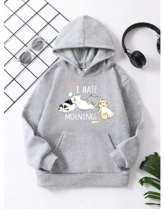 Çocuk Unisex Kapüşonlu Kedicik Baskılı Pamuklu Sweatshirt - Gri