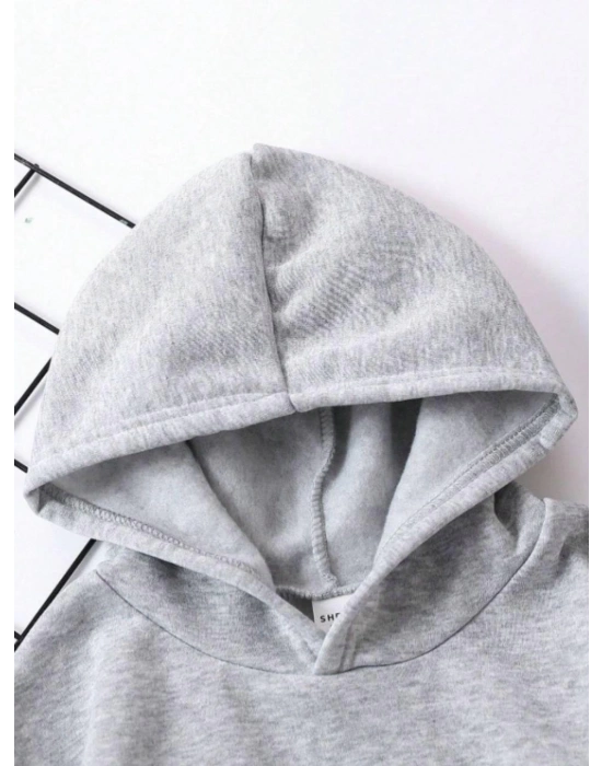 Çocuk Unisex Kapüşonlu Kedicik Baskılı Pamuklu Sweatshirt - Gri