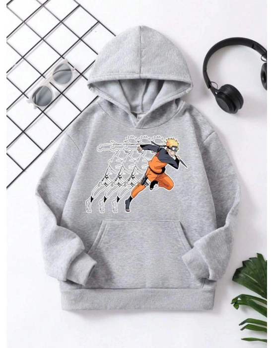 Çocuk Unisex Kapüşonlu Naruto Baskılı Pamuklu Sweatshirt - Gri