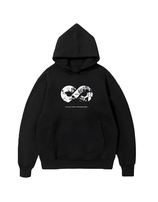 Erkek 10 Kasıma Özel 3 İplik Kapüşonlu Baskılı SweatShirt Hoodie - Siyah