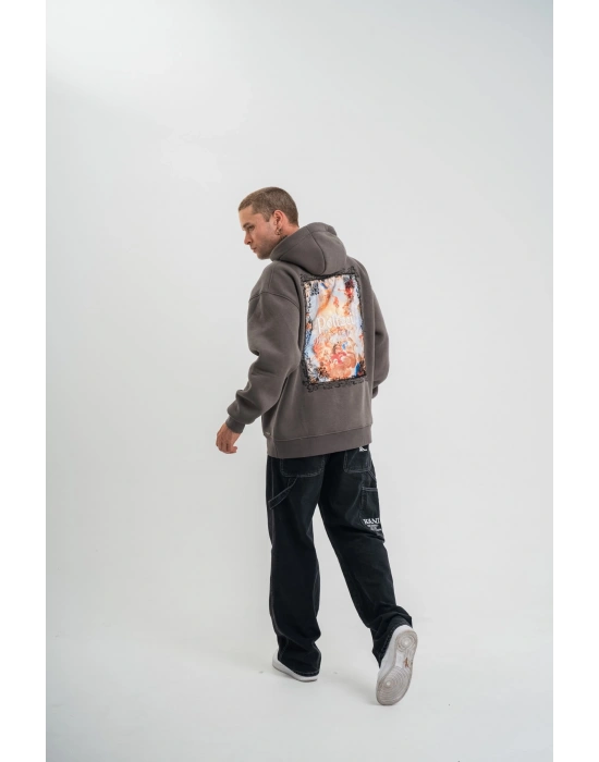 Erkek 3 İplik Kapüşonlu Hoodie Dijital Patchli SweatShirt - Füme