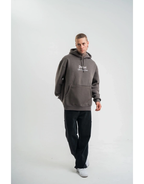 Erkek 3 İplik Kapüşonlu Hoodie Dijital Patchli SweatShirt - Füme