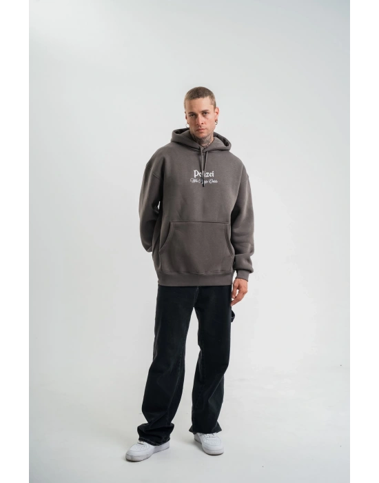 Erkek 3 İplik Kapüşonlu Hoodie Dijital Patchli SweatShirt - Füme
