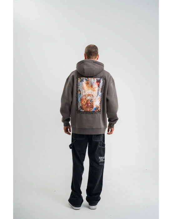 Erkek 3 İplik Kapüşonlu Hoodie Dijital Patchli SweatShirt - Füme
